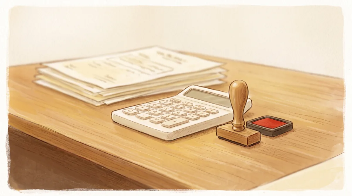 책상 위 계산기와 나무 도장, 인주를 비스듬히 내려다본 매크로 컷. 뒤쪽 서류 뭉치는 초점 밖으로 흐리게