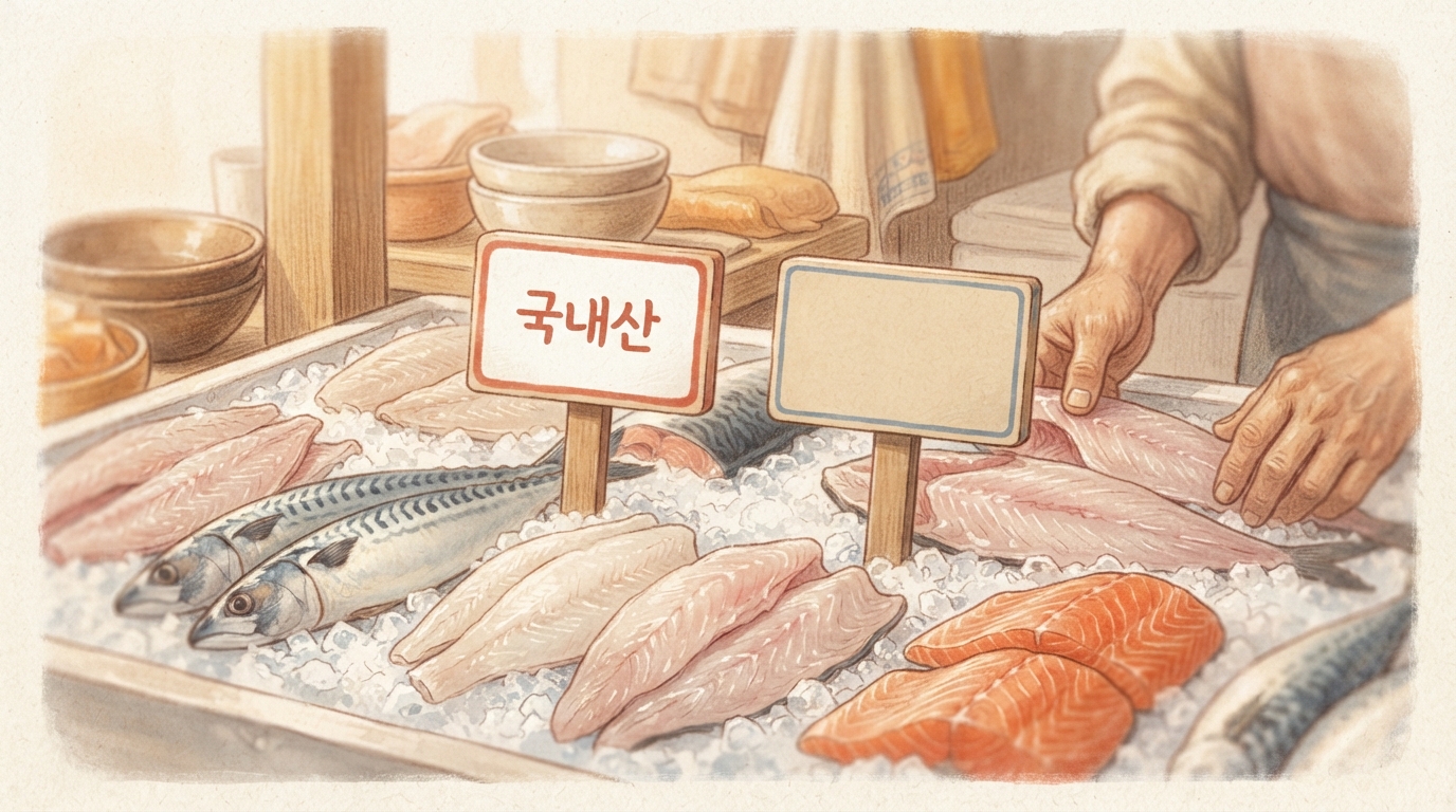 생선 좌판에 '국내산'과 '수입산' 원산지 표시 팻말이 나란히 꽂혀 있고, 얼음 위에 손질된 생선이 놓인 클로즈업.